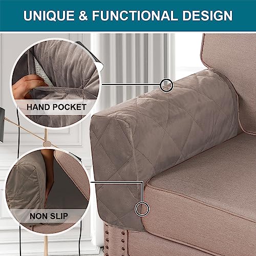 Non-Slip Sofa Armrest Protector,Thick Velvet Armrest Covers for Chairs and Sofas Couch with Side Pocket,Armrest Storage Organizer,Washable Arm Covers for Dogs，Set of 2 (Taupe) - color: Taupe