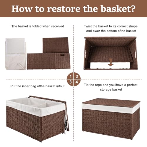 OIAHOMY Storage Basket with Lid, 27.7 Gallon (105L) Blanket Basket with Removable Separated Liner Bag, Paper Rope Hamper with Handle, Foldable, Shelf Basket for Living Room, Brown - color: Brown