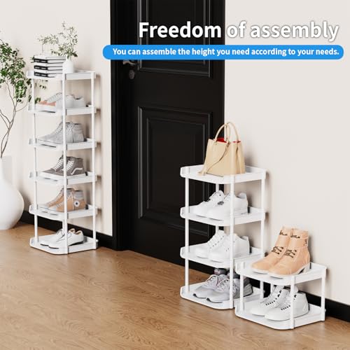 6 Tier Narrow Shoe Storage Rack, Compact Single Shoerack Stand for Slim Space, Stackable Tall Thin Show Tower, Solid Plastic Shelves, for Hallways, Kitchens, Bedrooms Tidy Organizer, White - color: White, size: 6 tier