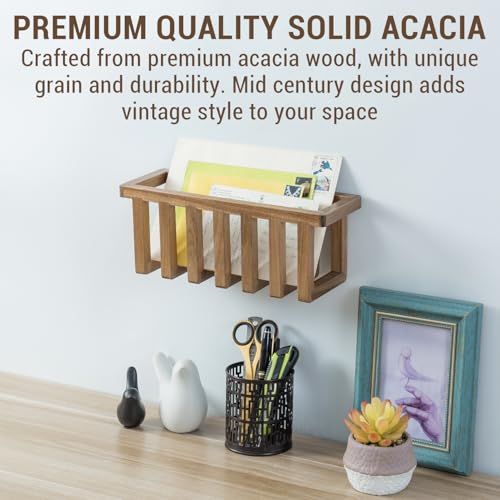 MyGift 11 Inch Premium Solid Acacia Wood Wall Mounted Mail Letter Holder Basket, Rustic Farmhouse Wooden Hanging Card Storage Rack, Home or Office Organizer