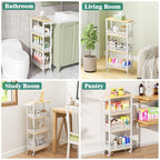 Giwil 4-Tier Slim Rolling Storage Cart for Kitchen Bathroom Organizer, Mobile Narrow Storage Cabinet Utility Cart with Wood Rack on Wheels for Pantry Laundry Small Space, White - size: White/Net Bar