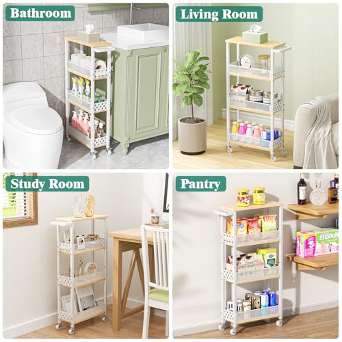 Giwil 4-Tier Slim Rolling Storage Cart for Kitchen Bathroom Organizer, Mobile Narrow Storage Cabinet Utility Cart with Wood Rack on Wheels for Pantry Laundry Small Space, White - size: White/Net Bar