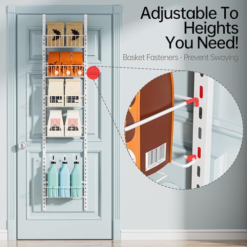 Delamu Pantry Door Organizer, Adjustable Metal Over the Door Pantry Organizer Rack, 6-Tier Over the Door Spice Rack, Kitchen Pantry Door Organizers and Storage, D5 W12 H52.1 inch, White, Small - color: White, size: 6 Tier-Small