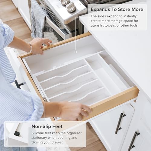 KitchenEdge Premium Silverware, Flatware and Utensil Organizer for Kitchen Drawers, Food-Safe Contract Grade, Expandable from 10.5 to 19 In, White Bamboo - color: White Bamboo, size: From 10.5" to 19" wide