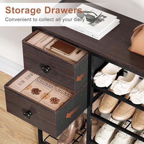 5-Tier Shoe Rack with 2 Fabric Drawers, Metal Frame and Wooden Board Shoe Organizer for 16-20 Pairs of Shoes, Shoe Shelf with Boots Storage for Entryway Closet Dark Brown - color: Dark Brown