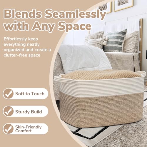 Goodpick Large Woven Blanket Basket, 21.6" x 14.9" x 11.8" Storage Baskets for Organizing, Rectangle Cotton Rope Toy Basket for Living Room, Bedroom, White & Brown - color: White & Light Brown, size: Large(21.6"L x 14.9"W x 11.8"H)