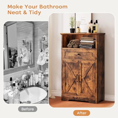 Floor Cabinet, Farmhouse Storage Cabinet with Barn Doors and Drawer, Freestanding Adjustable Shelf Organizer for Bathroom, Kitchen, Living Room Rustic Brown - color: Rustic Brown, size: 39.4"H x 23.6"W x 11.8"D