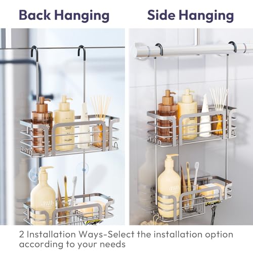 SWTYMIKI Shower Caddy Hanging Organizer - Over the Door Shower Caddy with Soap Holder, 11 Hooks, 2 Installation Ways, Stainless Steel Rustproof Bathroom Organizer, Sand Nickel - color: Sand Nickel