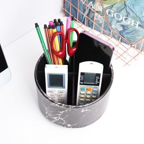 Round Leather Art Supply Organizer,Remote Control Holder,360-degree Rotating Pen Organizer with 4 Compartments(1-Marble Black Silver) - color: 1-Marble Black Silver
