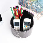 Round Leather Art Supply Organizer,Remote Control Holder,360-degree Rotating Pen Organizer with 4 Compartments(1-Marble Black Silver) - color: 1-Marble Black Silver