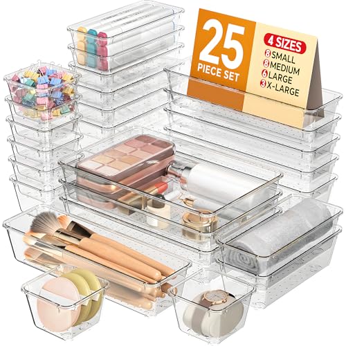 KEMETHY 25 PCS Plastic Drawer Organizers Set, 4 Sizes Vanity Organizer, Makeup and Desk Drawer Organizer Trays, Organization and Storage for Makeup, Bathroom, Kitchen Utensils and Office (Clear) - color: Clear