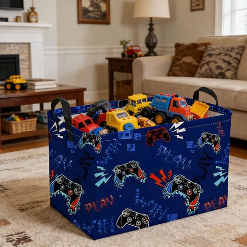 Rectangular Game Basket for Boys,Game Storage Bin,Boy Storage Basket,Collapsible Storage Bin,Gift Organizer, Shelf Baskets,Boy Room Decor(Blue Game) - color: Navy Blue Game