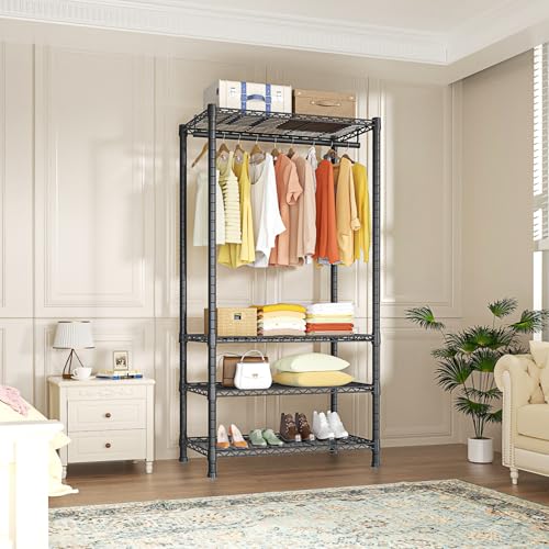 Ulif H2 Heavy Duty Clothes Rack, Freestanding 4 Tiers Garment Rack for Hanging Clothes with Shelves and Hangers, Closet Organizers and Storage Metal Closet Wardrobe System, Max Load 500 LBS, Black - color: Black, size: H2