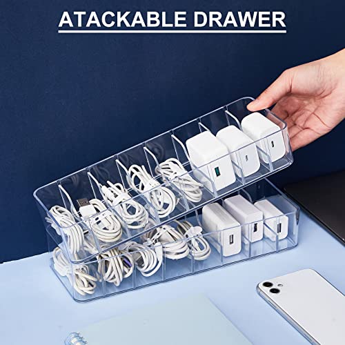 Tatuo 1 Pcs Cable Organizer with 10 Wire Ties, Plastic Cord Storage Charger Box Electronics Organizer with Adjustment Compartments Cable Storage for Drawer Home Office Desk Accessories (Clear) - color: Clear