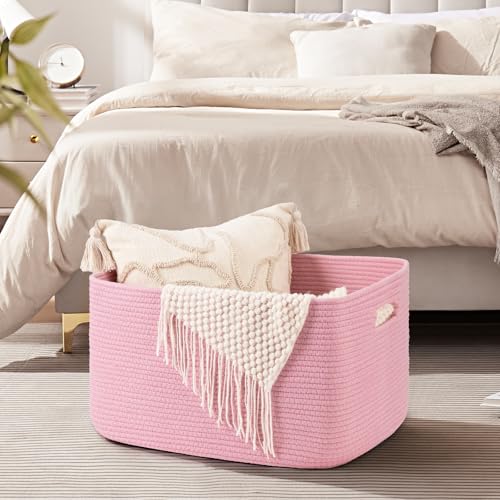 OIAHOMY 75L Blanket Basket, Woven Cotton Rope Basket for Organizing 22”x17”x12”, Used for Living Room, Bedroom, Nursery, Pink - color: Pink, size: 22”x17”x12”