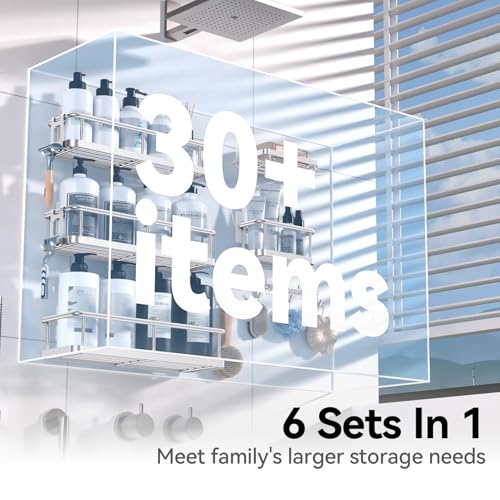 YASONIC Shower Caddy, 6 Pack Large Capacity Bath Organizer with Soap Holder and 12 Hooks, Rustproof bathroom Shelves for Inside Shower, No Drilling&Sleek Bathroom Organizers and Storage Silver - color: Silver, size: XL