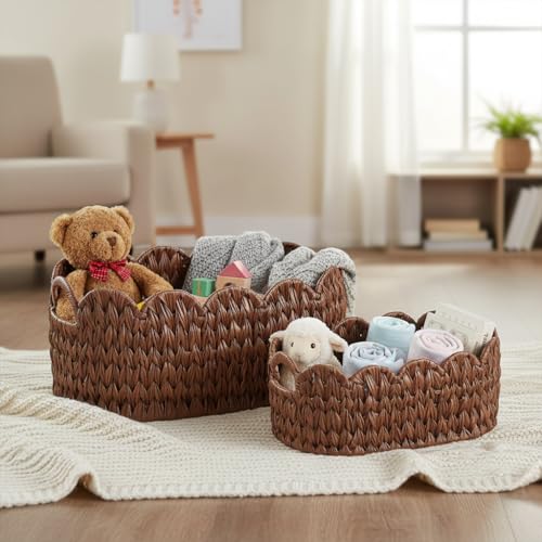 Coeusy Wicker Scalloped Basket Set of 2,Woven Storage Baskets for Shelves,Closet,Laundry,Gift,Towels,Books,Toys,Waterproof Cute Decor Basket for Organizing,Brown - color: Brown