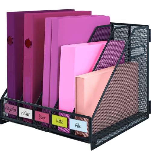Desk Organizers, Metal Magazine File Holder with 5 Vertical Compartments Rack Binder File Organizer for Office Supplies, Home Workspace - Black - color: Black, size: 5 Compartments