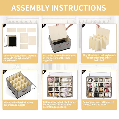 Shoe Organizer for Closet, Foldable Large Shoe Storage Box with Clear Cover, Removable Partitions and Bottom are Supported by Plastic Boards (Grey-Black, 20.5“Lx16.9 Wx13'H) - color: Grey-Black