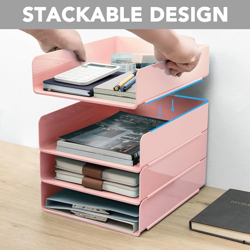 Tiawudi Desk Organizer, Office Organization and Storage, Plastic Letter Tray, Stackable File Organizer for Classroom, Home, Documents, Notes, Folders, Books and Pens, 4 Tier - color: Pink