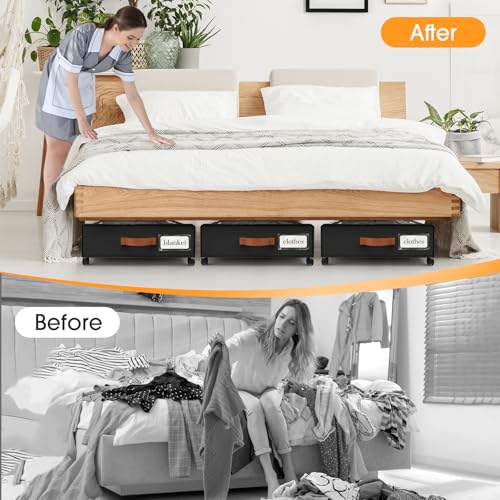 SpaceHacks Under Bed Storage with Wheels 3Pack Storage Containers with Clear Window&Label Under Bed Drawers Rolling Under Bed Storage for Clothes,Shoes, Blankets (30.71 x 16.93 x 6.69 in, Black) - color: Black, size: 3 pack