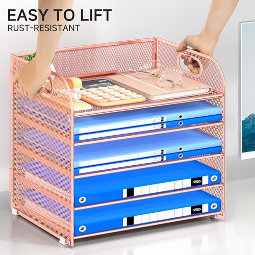 Paper Organizer Letter Tray with Handle Mesh 5 Trays Desk File Organizer Paper Sorter Desk Organizer for Office, Home or School-Rose Gold - color: Rose Gold, size: 12.6" x 9.1" x 13.4"