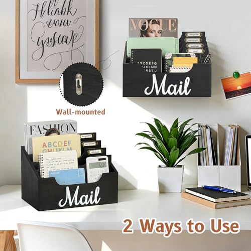 Wood Mail Organizer Countertop, Rustic Mail Holder for Desk with 4 Slots, Mail Sorter for File Paper Folder, Letter Sorter Bill Organizer for Office Home Classroom, Desk Organizers and Accessories