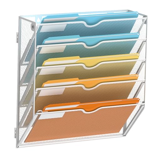 SUPEASY 5 Tier Wall File Organizer, Hanging Wall Mounted Mail Organizer with Label Slots, Metal Mesh File Holder Magazine Rack for Office, Home, School or Classroom, White - color: White, size: 5-Tier