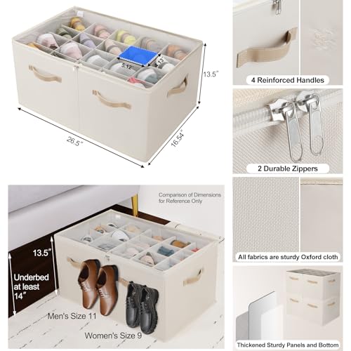 TOPIA HOME Shoe Organizer for Closet 2 Pack, Foldable Shoe Box with Adjustable Divider and Clear Cover, Space Saving Shoe Storage Organizer Cabinet with Reinforced Handles, Fits 40 Pair, Beige, TP11Y - color: Beige-2Pack, size: Extra Large(26.5''L x 16.54