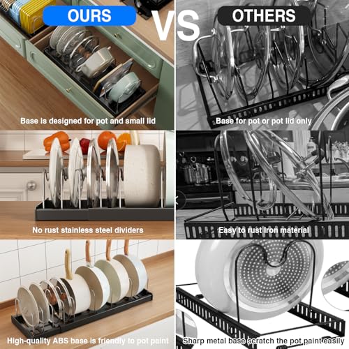 Mustorn Pots and Pans Organizer Under Cabinet, 22" Expandable Food Storage Container Lid Organizers with 9 Adjustable Dividers Pot and Pan Lid Holders Rack Inside Cabinet/Countertop(1 Pack, Black) - color: Black(Expandable), size: 1 Pack