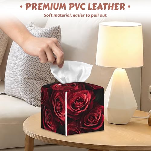 Tissue Box Cover - Red Rose Flower Tissue Holder,Modern Floral Square Tissue Box Holder Leather Facial Paper Case Modern Home Decoration for Bathroom Kitchen Bedroom Night Stands, 2 Pcs - color: Red Rose Flower