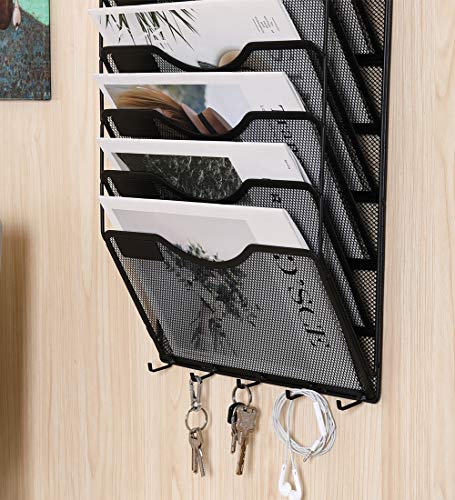 EasyPAG 8 Pocket Mesh Wall File Organizer with Key Hooks, Hanging Paper Folder Holder with Classify Label, Vertical Wall Mount Mail Organizer for Office Home Classroom, Black - color: Black with Hooks, size: 8 Tier