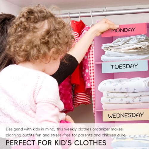 VERONLY Weekly Hanging Closet Organizer for Kids, 6-Shelf Clothes Storage with Labeled Days of The Week Monday Through Friday, Weekday and Weekend, Days of the Week Clothes Organizer - color: Pink