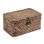 Handwoven Seagrass Basket Wicker Shelf Basket with Lid Rectangular Multipurpose Desktop Organizer Bin for Key Remote Control, Small,7.0" x 4.3" x 3.3" - size: 7.0"L x 4.3"W x 3.3"H