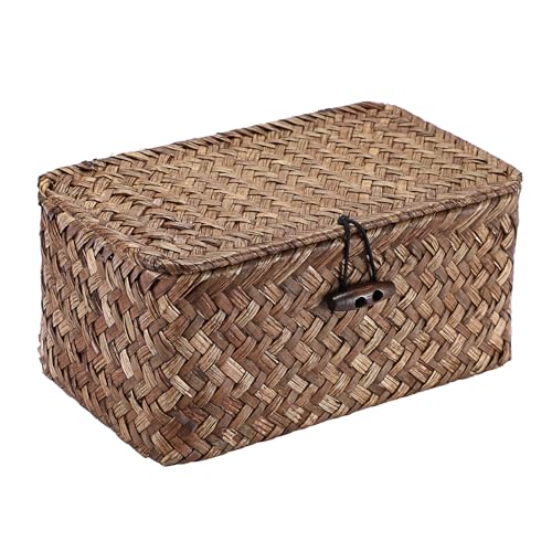 Handwoven Seagrass Basket Wicker Shelf Basket with Lid Rectangular Multipurpose Desktop Organizer Bin for Key Remote Control, Small,7.0" x 4.3" x 3.3" - size: 7.0"L x 4.3"W x 3.3"H