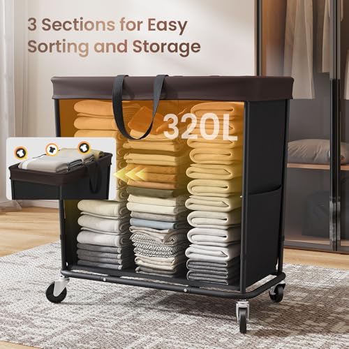 320L Laundry Basket with Wheels, 3-Section Rolling Hamper for Laundry, Extra Large Laundry Hamper with Wheels, Clothes Hamper Rolling Laundry Basket for Home, Bathrooms and Dorm(Black) - color: Black-3 Section, size: 320L