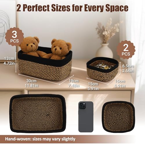 5-Pack Small Woven Rope Storage Baskets – 2 Sizes Organizer Bins for Closet, Shelf, Bookshelf, Nursery, Changing Table, Fabric Cube Boxes, Rectangular Shallow Bins for Bathroom, Toy & Home - color: Black & Gold