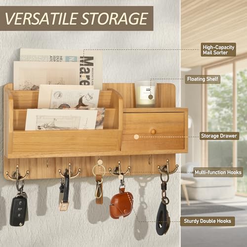 Rebee Vision Key Holder Wall Mount with Mail Organizer - Modern Farmhouse Key and Mail Holder for Wall with Wall Hooks and Drawer - Apartment Essentials for Home Decor Aesthetic(Light Brown) - color: Yellow