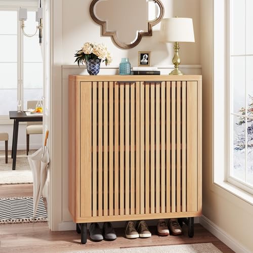 Tribesigns 6-Tier Shoe Cabinet with Shutter Doors, Large Wooden Shoe Organizer Rack with Adjustable Shelves, Modern Farmhouse Hidden Storage Furniture for Entryway, Hallway (Light Brown) - color: Light Brown