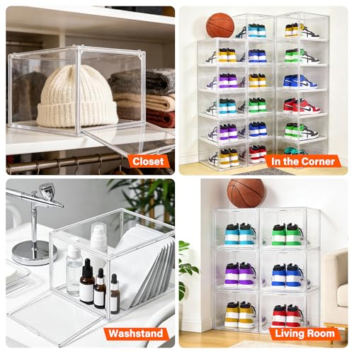 2 Pack Drop Front Shoe Boxes Fit US Size 13, Acrylic Shoe Organizer Clear Stackable Sneaker Sotrage Box for Entryway, Home, Underbed, Multiple Display Cases for Cosmetic, Hats, Figures, Sneakers - size: Large Size 13-14