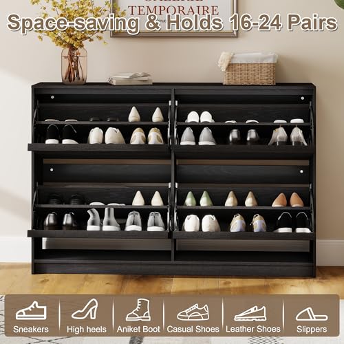 Shoe Cabinet with 4 Flip Drawers, Modern Narrow Shoe Storage Cabinet Organizer with Adjustable Shelf, Hidden Freestanding Shoe Rack for Entryway, Hallway, Living Room, Black - color: Black, size: 9.45"D x 47.24"W x 31.5"H(4 drawers)