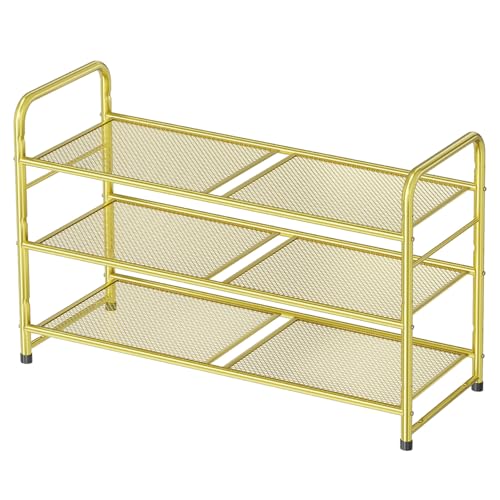 Metal Shoe Rack, Stackable 3 Tier Closet Shoe Organizer with Durable Mesh Shelves, Adjustable, Gold - color: Gold, size: 3 Tier