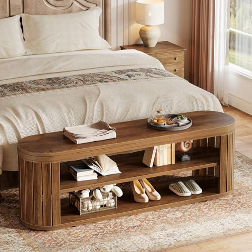 Tribesigns 47.2" Wooden Entryway Bench with 2-Tier Shoe Storage, Farmhouse Dining Bench with Adjustable Foot Pads, End of Bed Stool for Bedroom, Hallway, Living Room, Dining Room, Rustic Brown - color: Brown