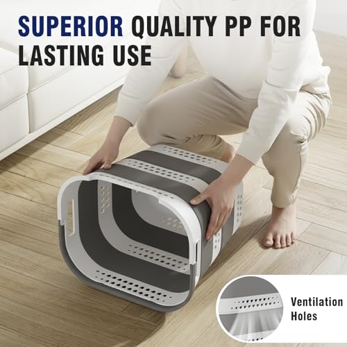 Collapsible Plastic Laundry Basket Hamper with Handles, Large 42L Portable Rubber Clothes Basket, Pop Up Storage Container/Organizer for Washing & Storage, Grey - color: Grey, size: 42L