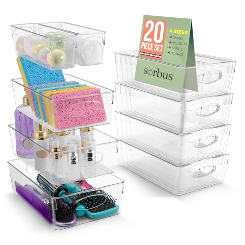 Sorbus Clear Plastic Storage Bins for Organizing, 20 Pack Clear Organizer Bins with Handles, Plastic Storage Bins for Closet, Pantry, Fridge, Medicine Cabinet Organizer, Shelves, Freezer, Drawer - size: Variety Pack, style: 20 Pack