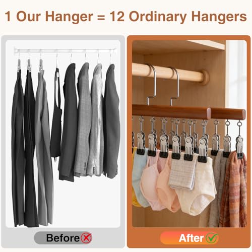 2Pcs Loset Organizer with 12 Clips,Wooden Wangers with Wlips,Wace Saving Hanging Closet Organizer,Space-Saving Hat Scarf Clothespins,Pant Hangers with Clips(Brown)