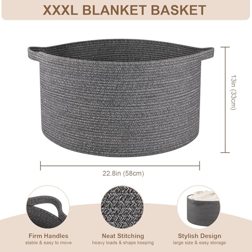 OIASKET Large Woven Baskets for Storage, 22.8" x 22.8" x 13" Blanket Storage Living Room, Baby Toy Basket for Clothes, Pillows, Towels, Shoe Basket for Entryway (Dark Grey) - color: Dark Grey, size: 90L