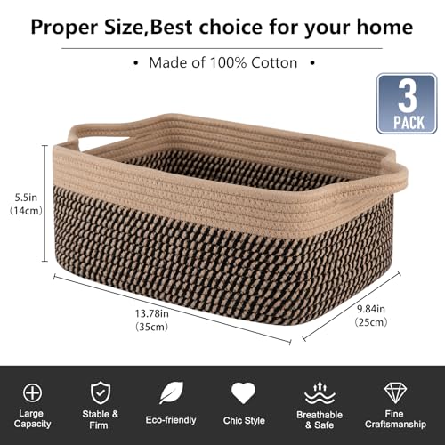 OIAHOMY 3 Pack Storage Baskets for Organizing, Woven Cotton Rope Basket for Shelves, Closet Organizer Bins with Handles, Rectangle Toy Organization, 13.78''×9.84''×5.5'', Brown & Black - color: Brown & Black, size: 13.8''×9.8''×5.5''