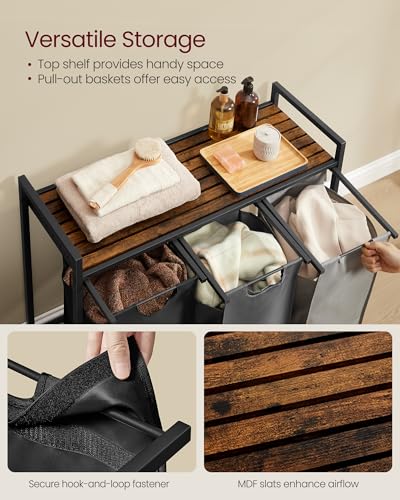 VASAGLE Laundry Hamper, Laundry Basket, Laundry Sorter with 3 Pull-Out and Removable Bags, Shelf, Metal Frame, 3 x 10.6 Gallons (40 L), 36.4 x 13 x 28.4 Inches, Tricolor and Rustic Brown UBLH301X01 - color: Tricolor + Rustic Brown, size: 3 Bags - 120 L
