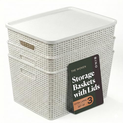 BINO | Plastic Storage Baskets with Lids, 33 Liter - 3 Pack, White | THE WOVEN COLLECTION | Storage Basket for Shelves | Woven Storage Baskets for Organizing Bins Pantry Shelf Organizer Container Bin - color: White, size: 33L | 3-Pack